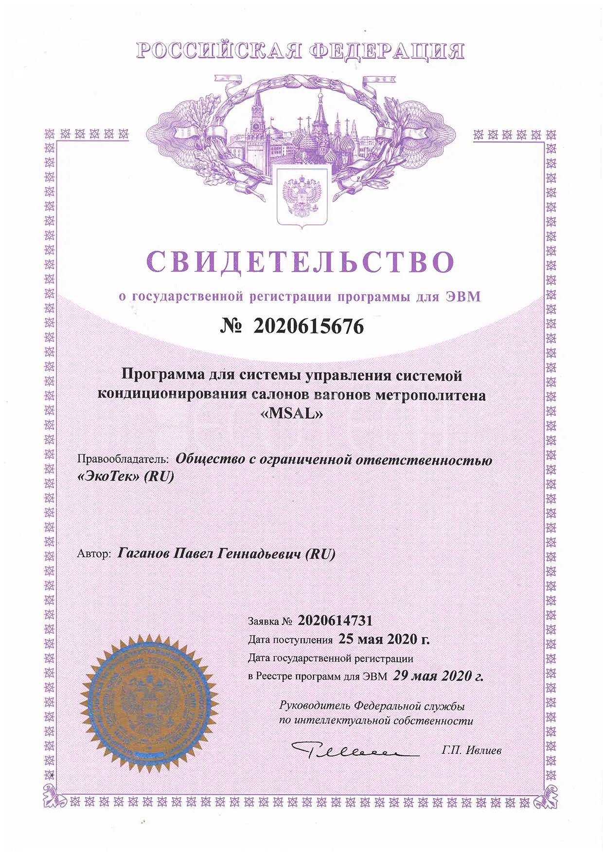 Свидетельство о регистрации программного обеспечения MSAL